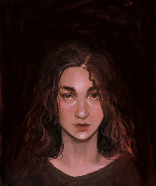 A completed color illustration - a portrait of a young woman. She has medium curly brown hair, dark brows, tan skin, and cute freckles across the bridge of her nose. She's smirking slightly and her eyes are looking up and to her right (our left), as if she's beginning to roll them. The background is very dark.