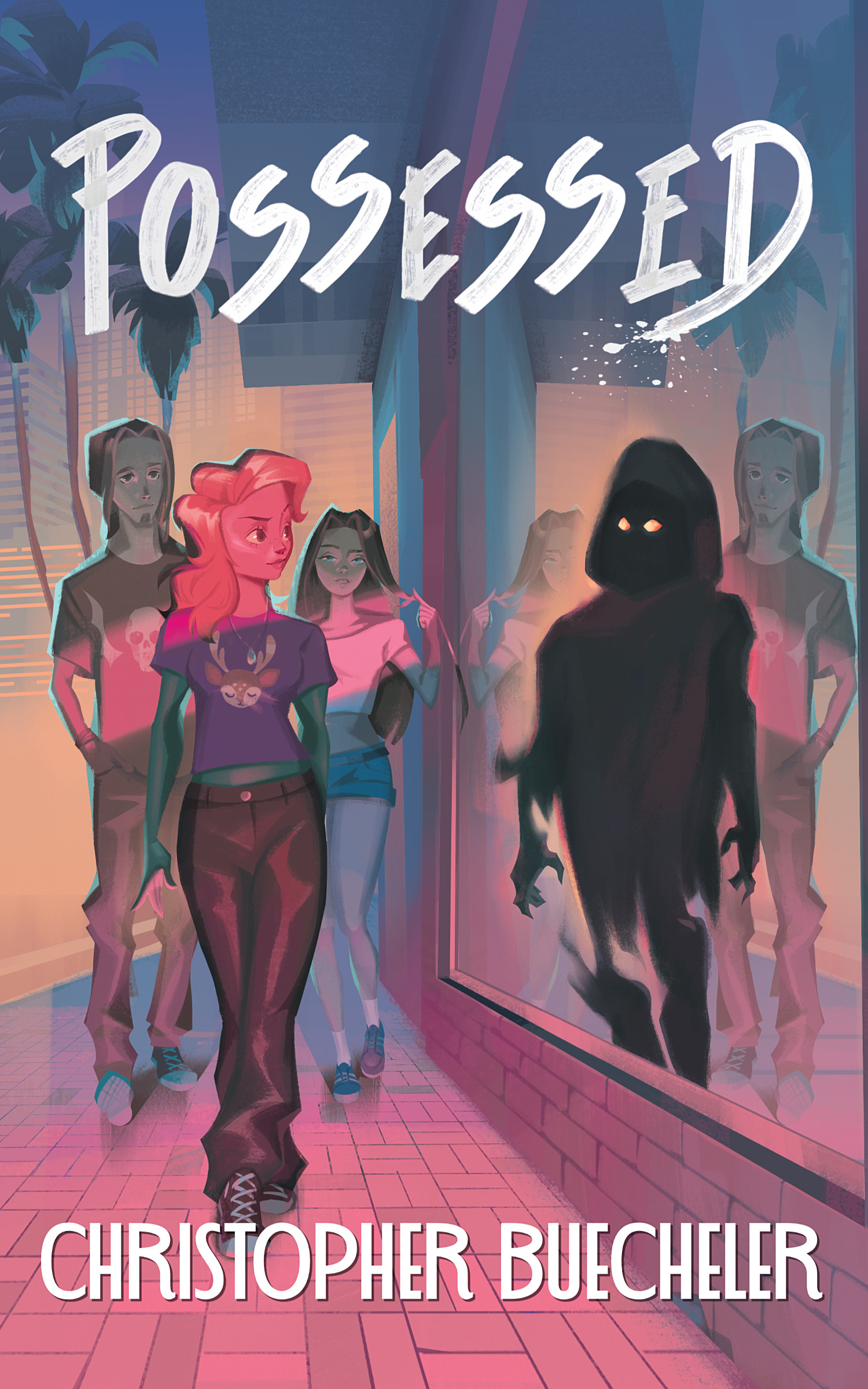 A completed color illustration in which we can see three people walking down a Miami street at sunset. Two young women and one young man. One of the women is looking into a store window, and we can see that her reflection has been replaced by a demonic figure