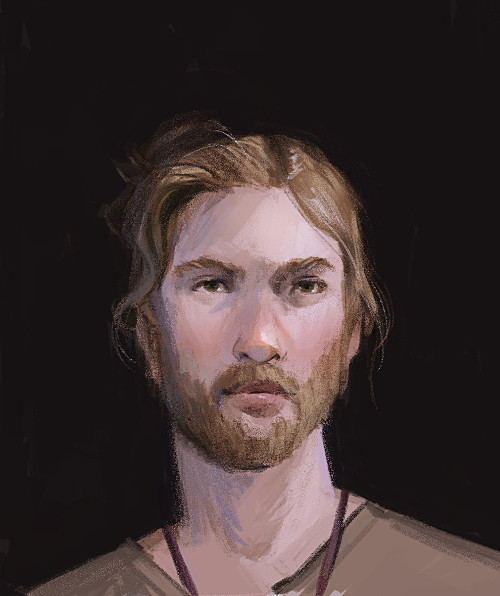 A completed color illustration - Dylan is a white male in his early twenties with light brown hair, long, currently pulled back in a man-bun or ponytail. He's got prominent eyebrows above brown eyes, a medium-sized nose, and full lips. He has a short brown beard. There is a leather cord hanging from his neck