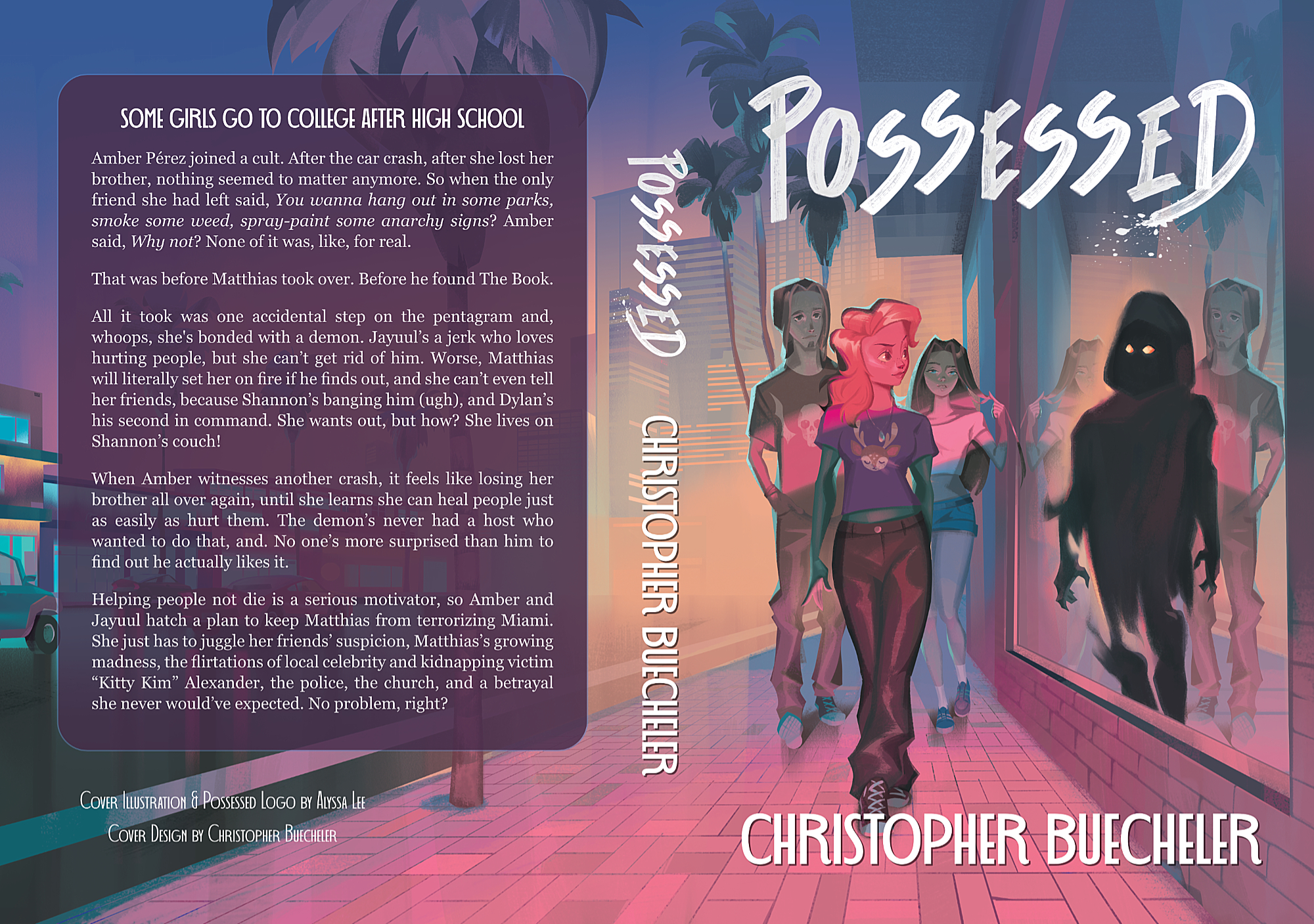 A completed color illustration in which we can see three people walking down a Miami street at sunset. Two young women and one young man. One of the women is looking into a store window, and we can see that her reflection has been replaced by a demonic figure. There is also a back cover that continues the Miami scene and has the book's description on it.