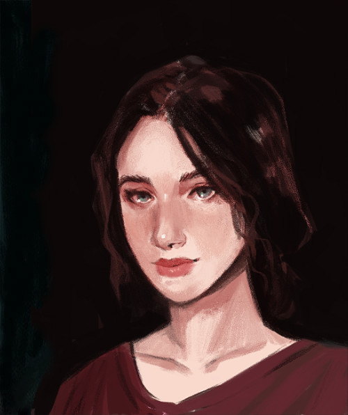 A completed color illustration - Kim is a woman in her early twenties. She has long dark hair and large green eyes edging toward turquoise. She's tanned and fit, with full pink lips. She's looking at the camera and smiling a bit.