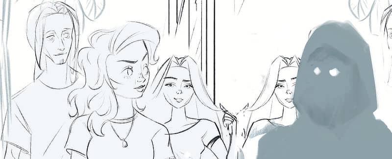 Illustrative linework showing three characters' faces. One of them is looking into a store window, and we can see that her reflection has been replaced by a demonic figure