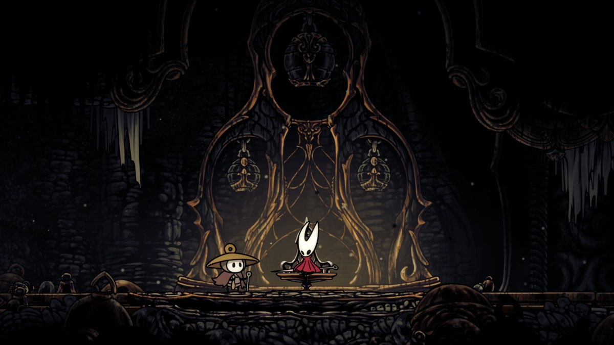 Silksong Screenshot - Hornet sits on a bench with Sherma standing nearby